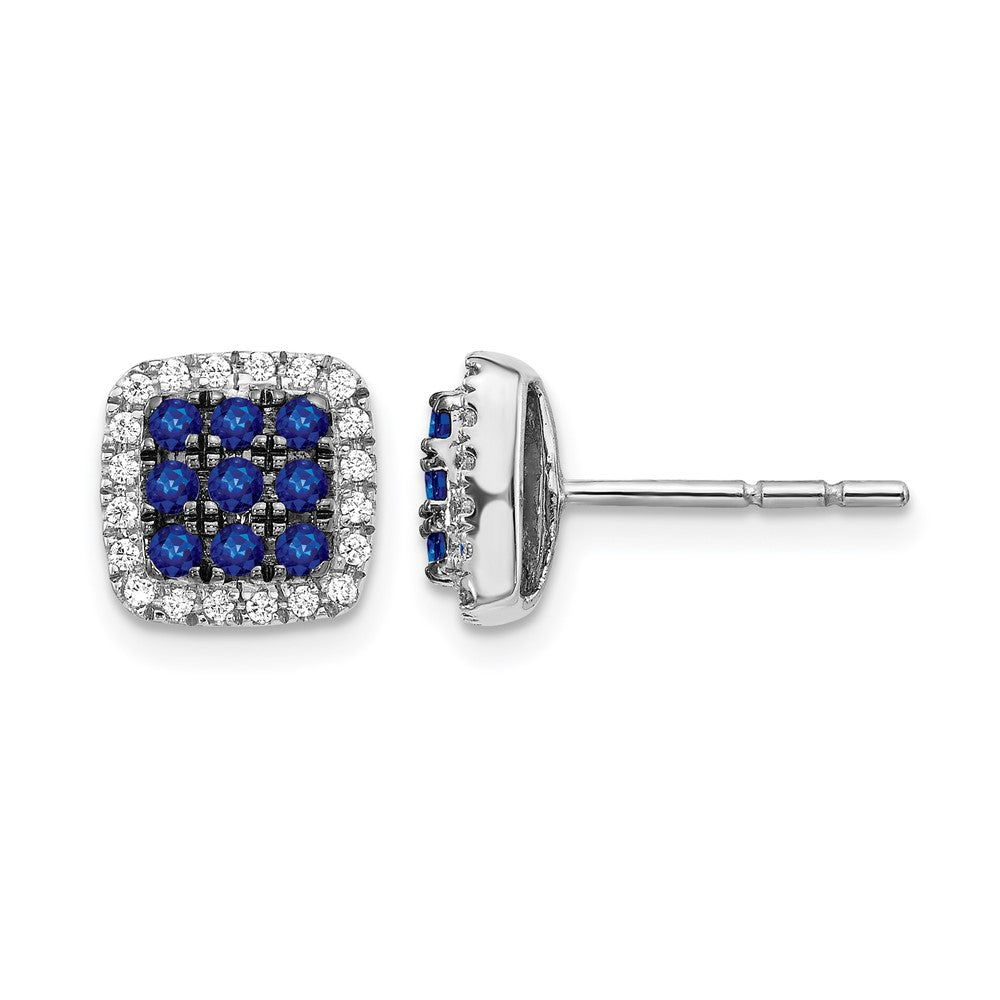 14k White Gold Sapphire Cluster and Diamond Halo Square Post Earrings, 0.236 ct, 8 x 8 mm