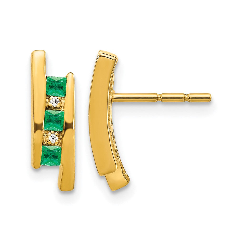 14k Princess Emerald and Diamond Post Earrings, 0.026 ct, 14 x 4 mm