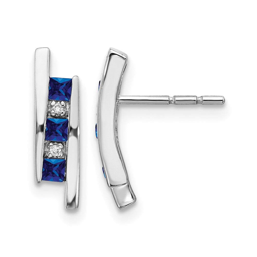 14k White Gold Princess Sapphire and Diamond Post Earrings, 0.026 ct, 15 x 4 mm