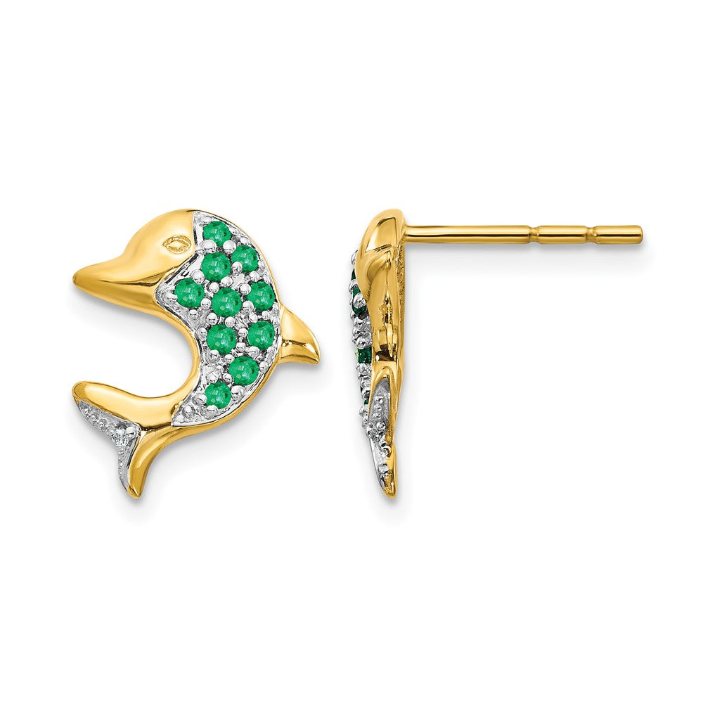 14k and White Rhodium Emerald and Diamond Dolphin Post Earrings, 0.209 ct, 14 x 11 mm
