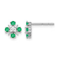 14k White Gold 2mm Round Emerald and Diamond Post Earrings, 0.27 ct, 7 x 7 mm