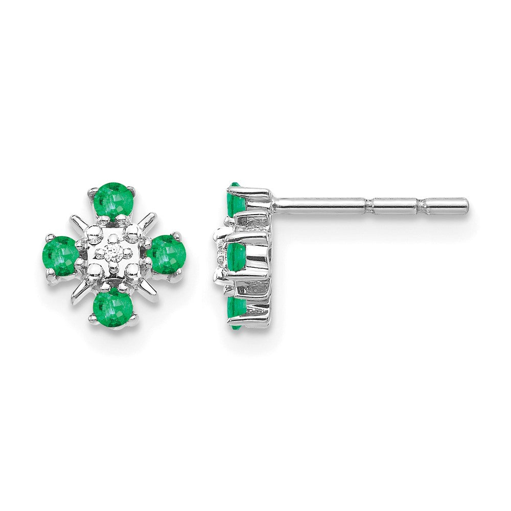 14k White Gold 2mm Round Emerald and Diamond Post Earrings, 0.27 ct, 7 x 7 mm