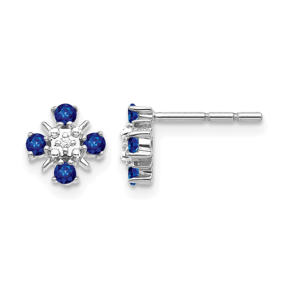 14k White Gold 2mm Round Blue Sapphire and Diamond Post Earrings, 0.342 ct, 7 x 7 mm