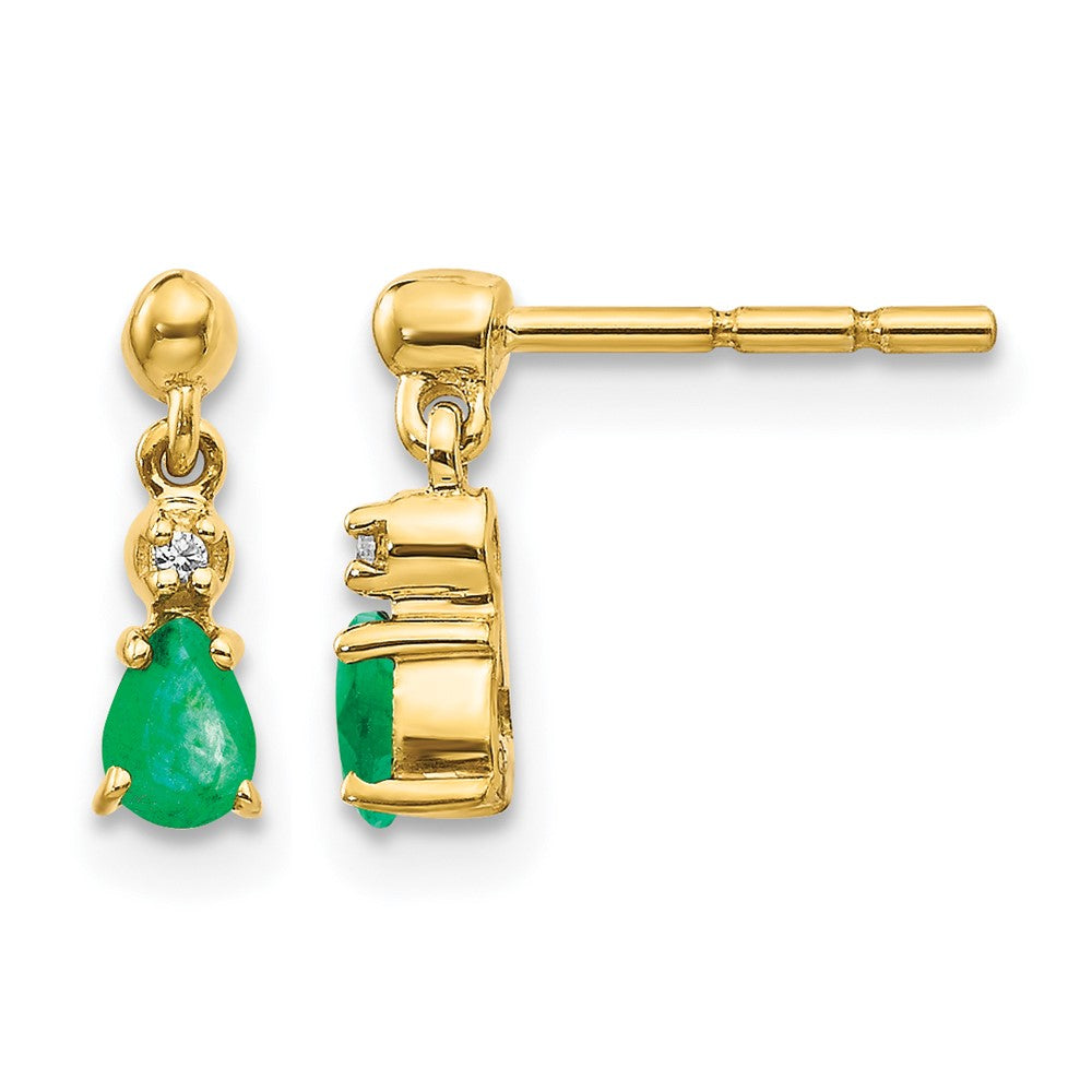 14k 4x3mm Pear Emerald and Diamond Dangle Post Earrings, 0.31 ct, 10 x 3 mm