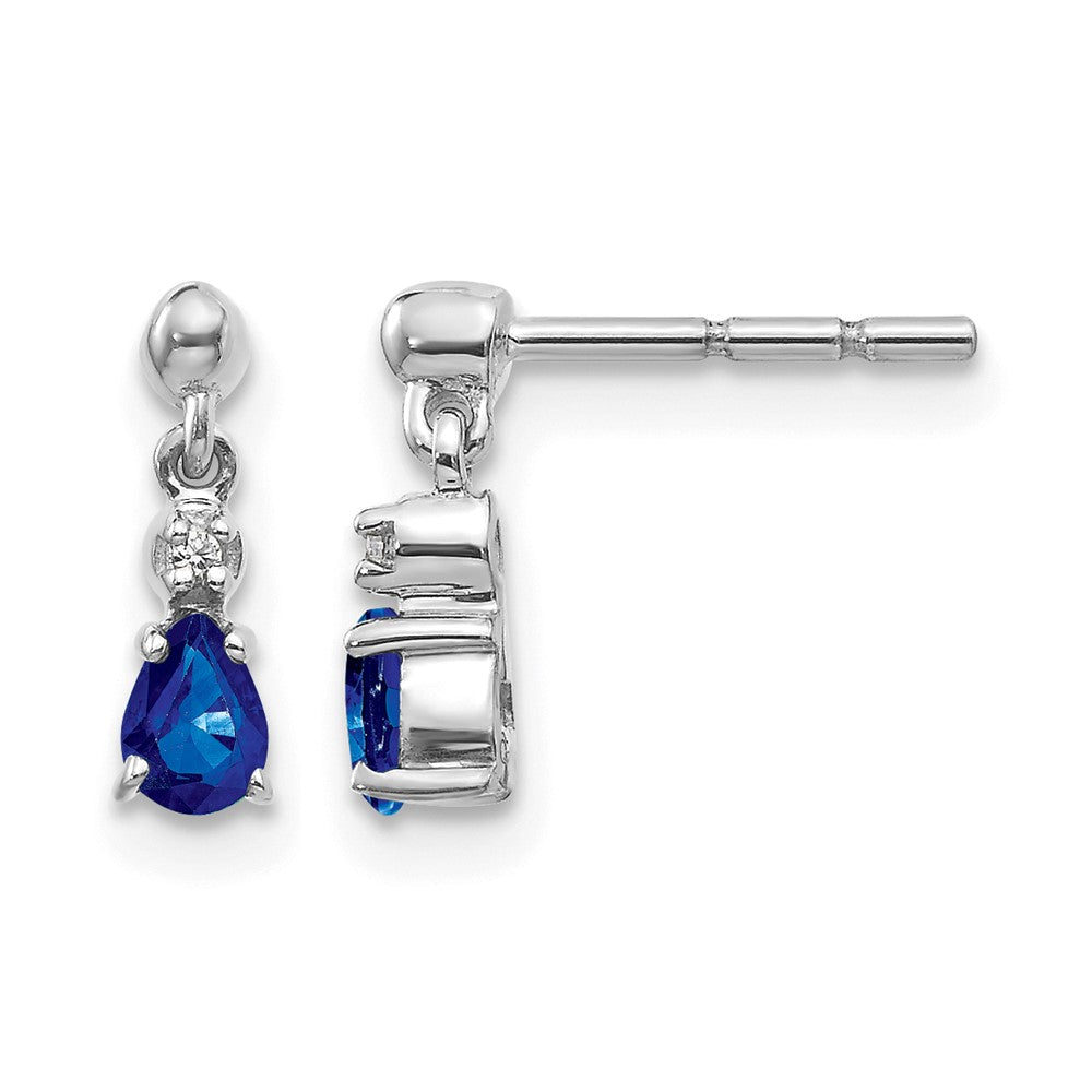 14k White Gold 4x3mm Pear Blue Sapphire and Diamond Dangle Post Earrings, 0.012 ct, 10 x 2 mm