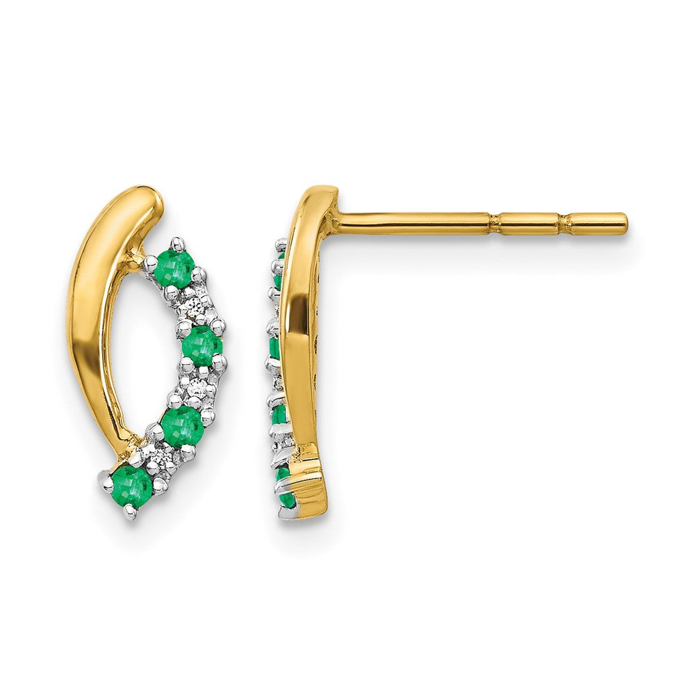 14k Emerald and Diamond Curved Post Earrings, 0.173 ct, 10 x 6 mm