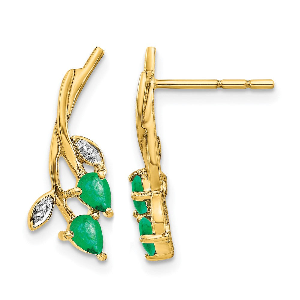 14k Diamond and Pear Emerald Floral Post Earrings, 0.551 ct, 19 x 7 mm