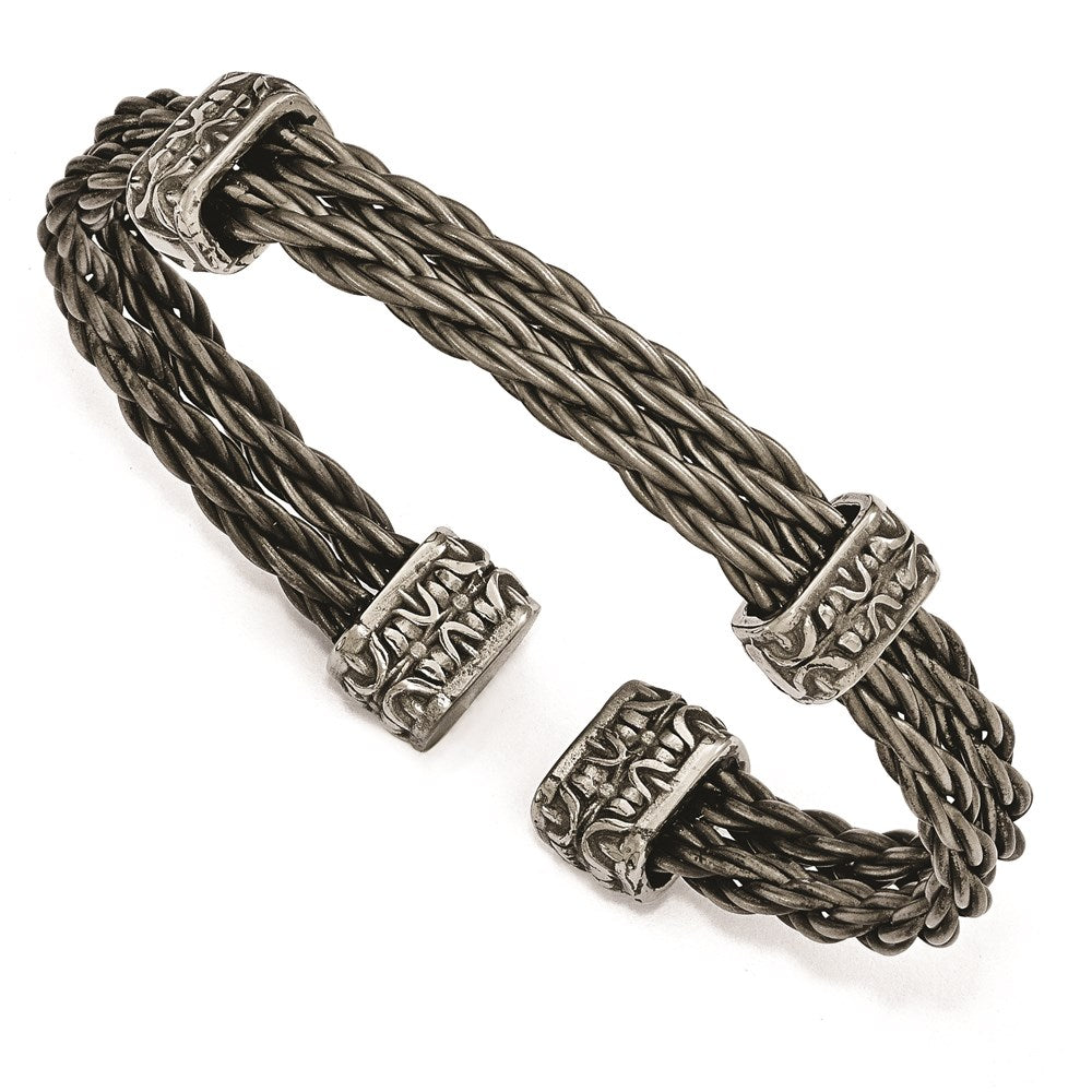 Edward Mirell Titanium Brushed Cablew/ Cast Titanium Accent Cuff Bracelet, 7 mm, 17.87 g