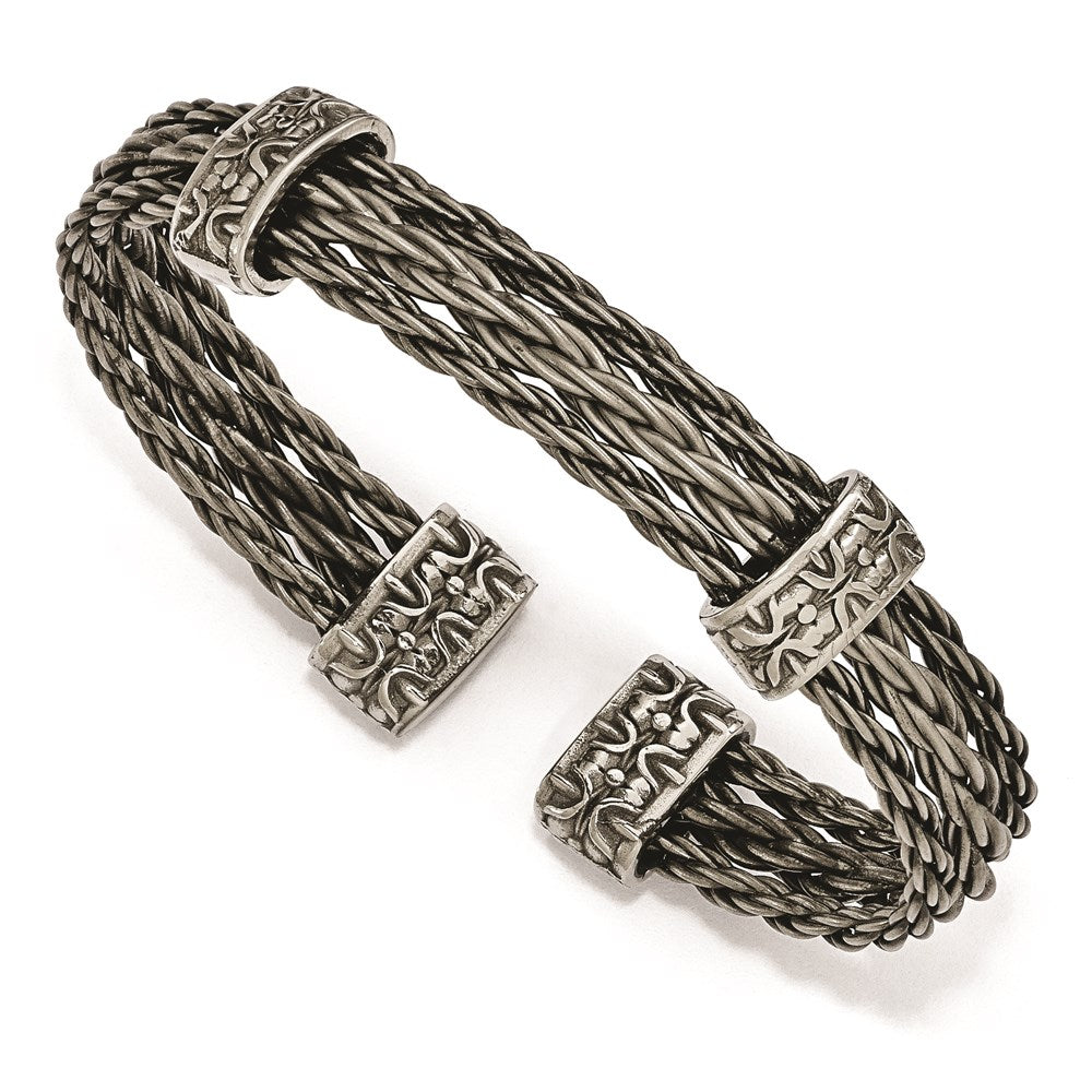 Edward Mirell Titanium Brushed Cablew/ Cast Titanium Accent Cuff Bracelet, 7 mm, 18.06 g