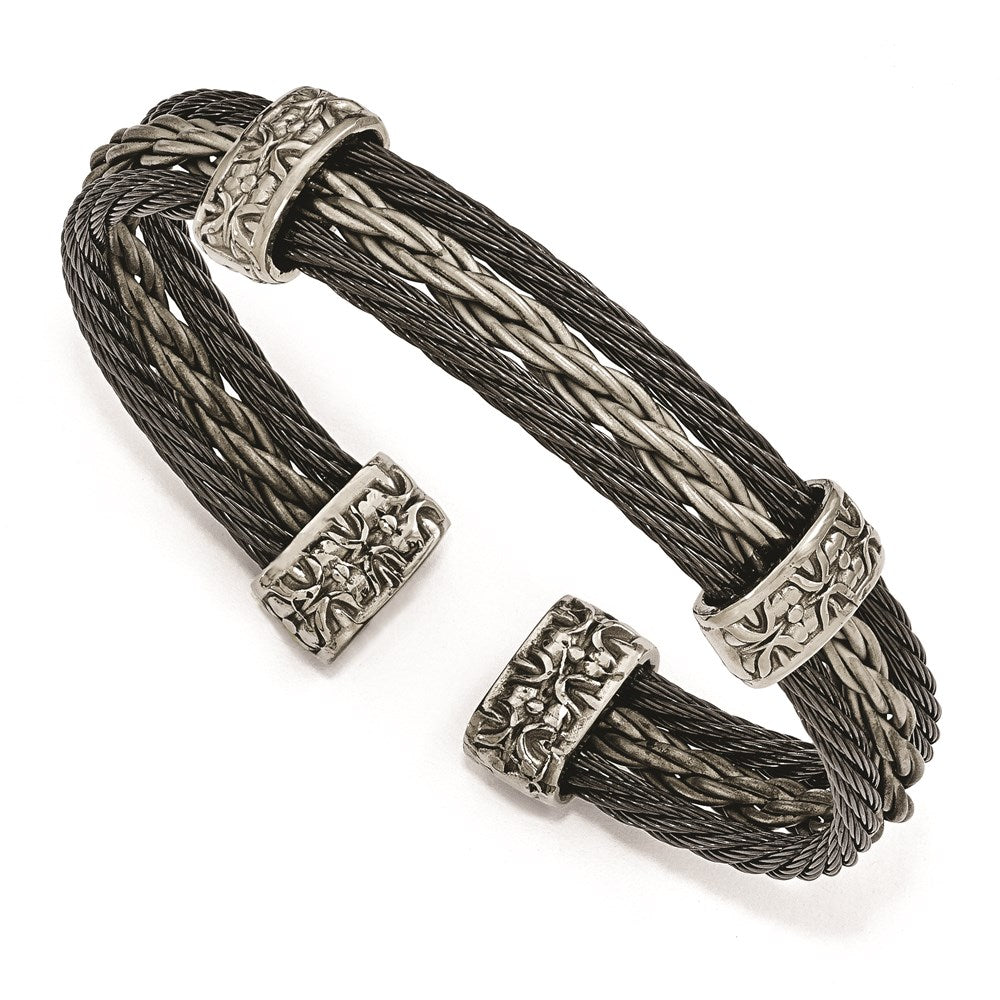Edward Mirell Titanium Black Memory & Brushed Cable Cuff Bracelet, 7 mm