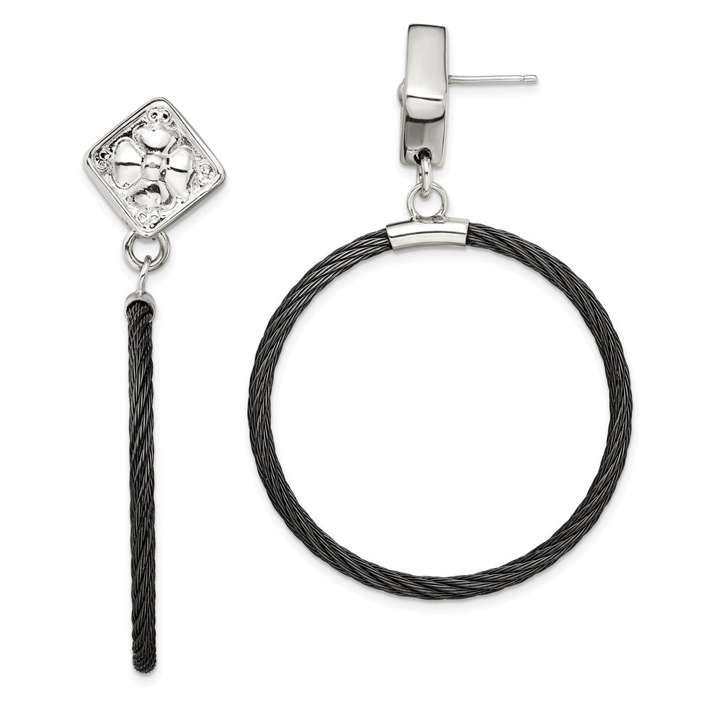 Edward Mirell Black Ti Cable and Sterling Silver Floral Post Dangle Earrings, 54 x 38 mm