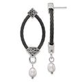 Edward Mirell Black Ti Cable and Sterling Silver Floral Accent with Freshwater Cultured Pearl Dangle Earrings, 53 x 20 mm