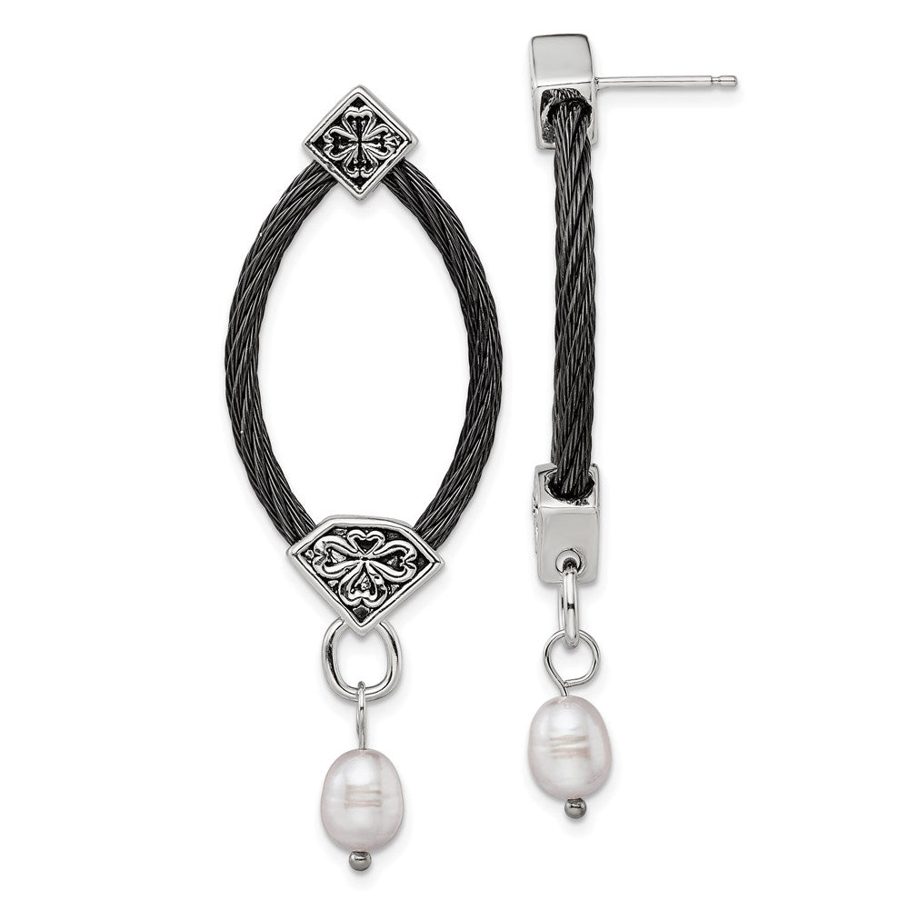 Edward Mirell Black Ti Cable and Sterling Silver Floral Accent with Freshwater Cultured Pearl Dangle Earrings, 53 x 20 mm