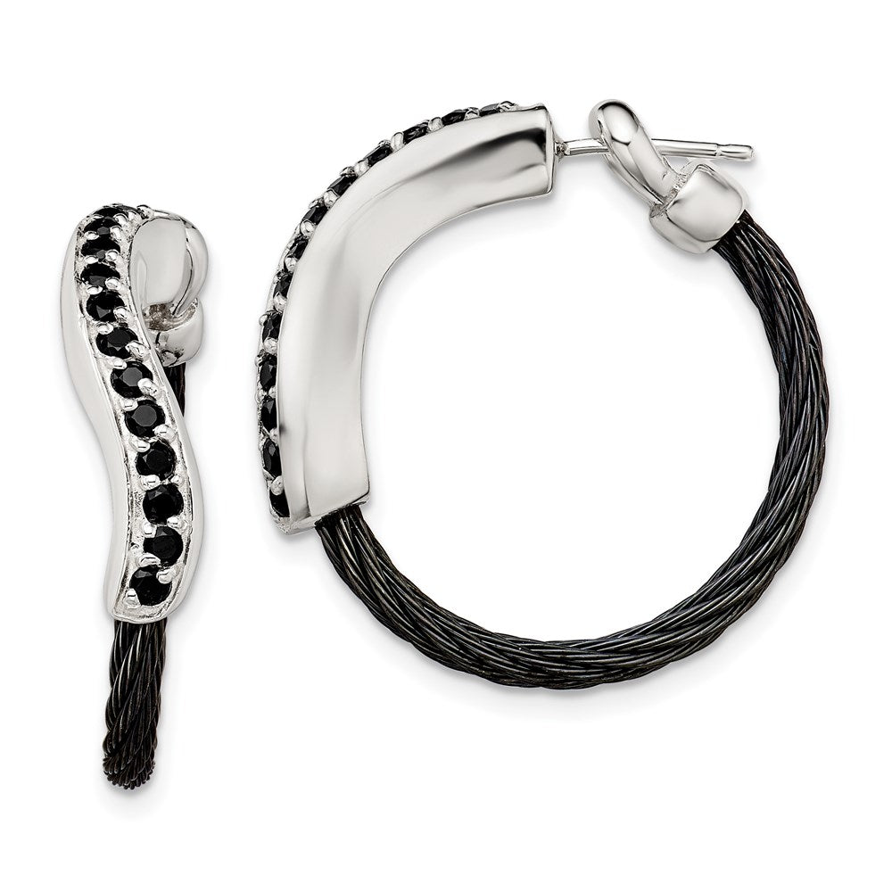 Edward Mirell Black Ti Cable and Sterling Silver with Black Spinel Hoop Earrings, 0.78 ct, 27 x 27 mm