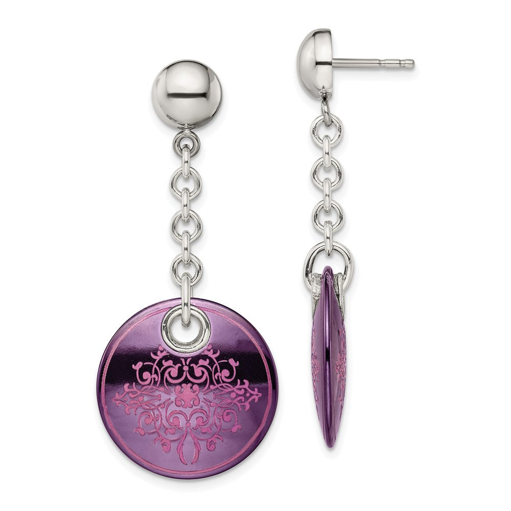 Edward Mirell Black Ti Anodized Pink Ornate Circle and Sterling Silver Post Dangle Earrings, 45 x 20 mm