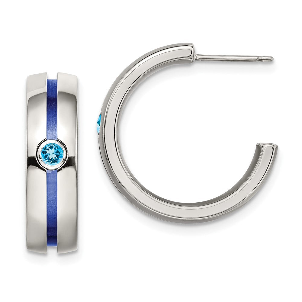 Edward Mirell Grey Ti Brushed Blue Anodized and Blue Topaz J Hoop Post Earrings, 0.22 ct