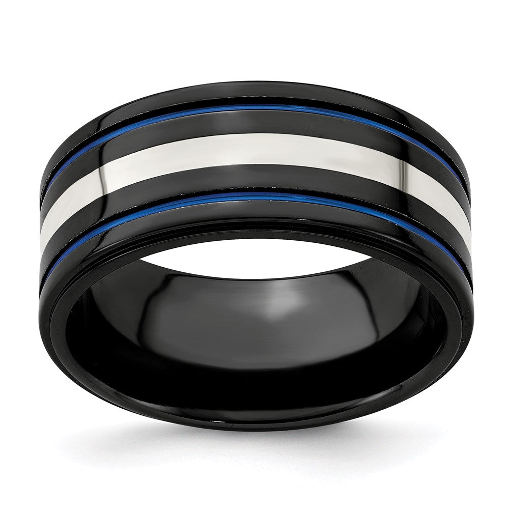 Edward Mirell Black Ti Sterling 925 & Grooved Blue Anodized Band, Size 11.5, 10 mm