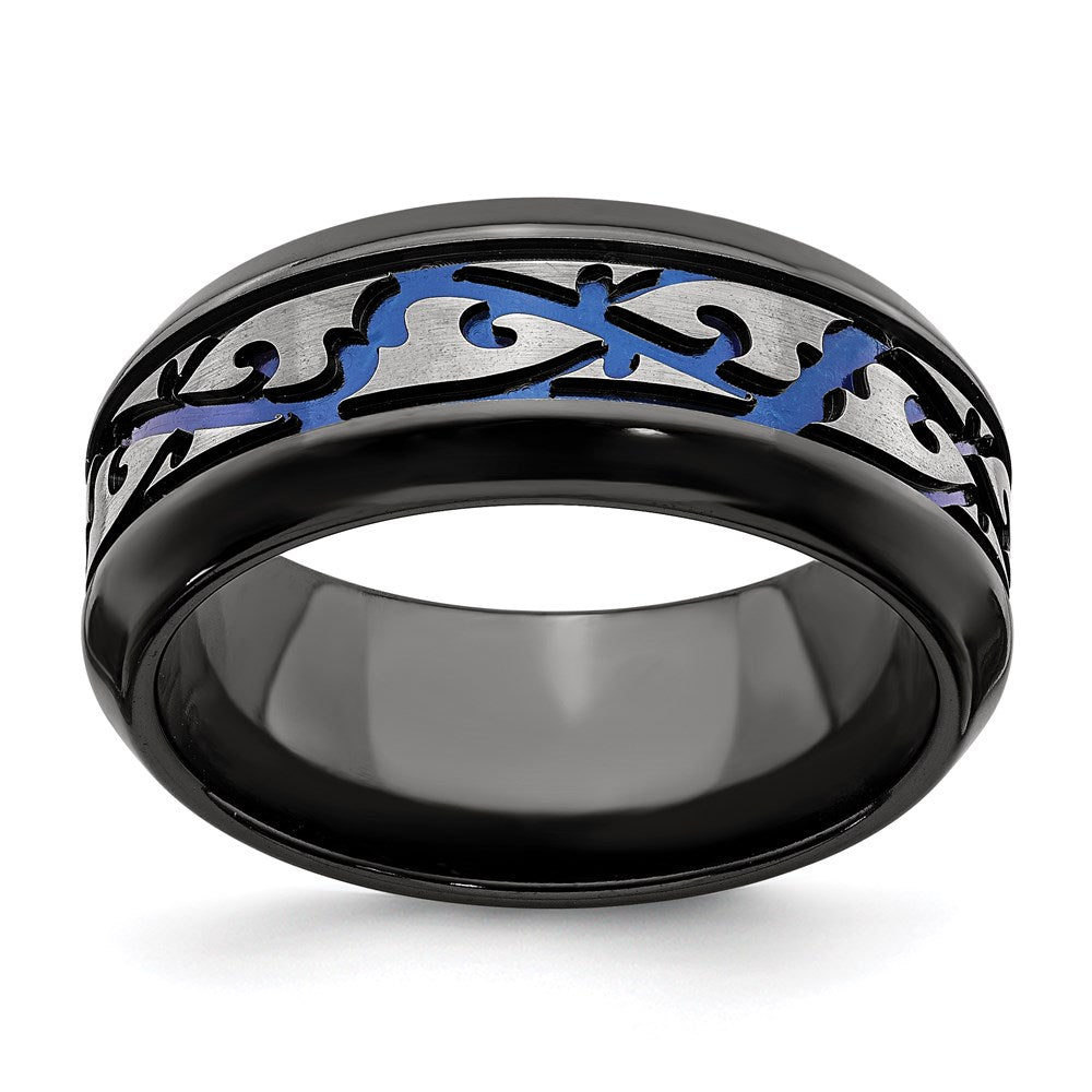 Edward Mirell Black Ti Scroll Pattern Blue Anodized 9mm Band, Size 9.5, 9 mm