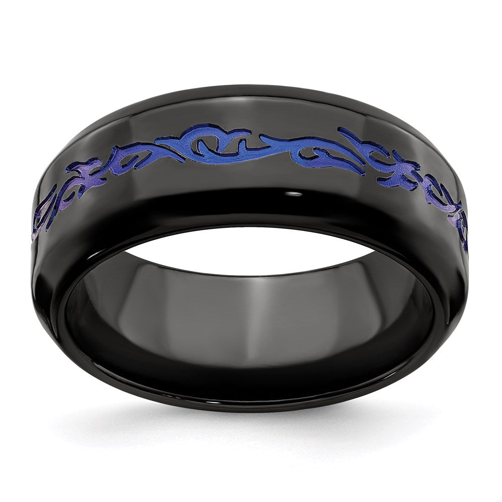 Edward Mirell Black Ti Patterned Blue Anodized Polished 9mm Band, Size 12.5, 9 mm