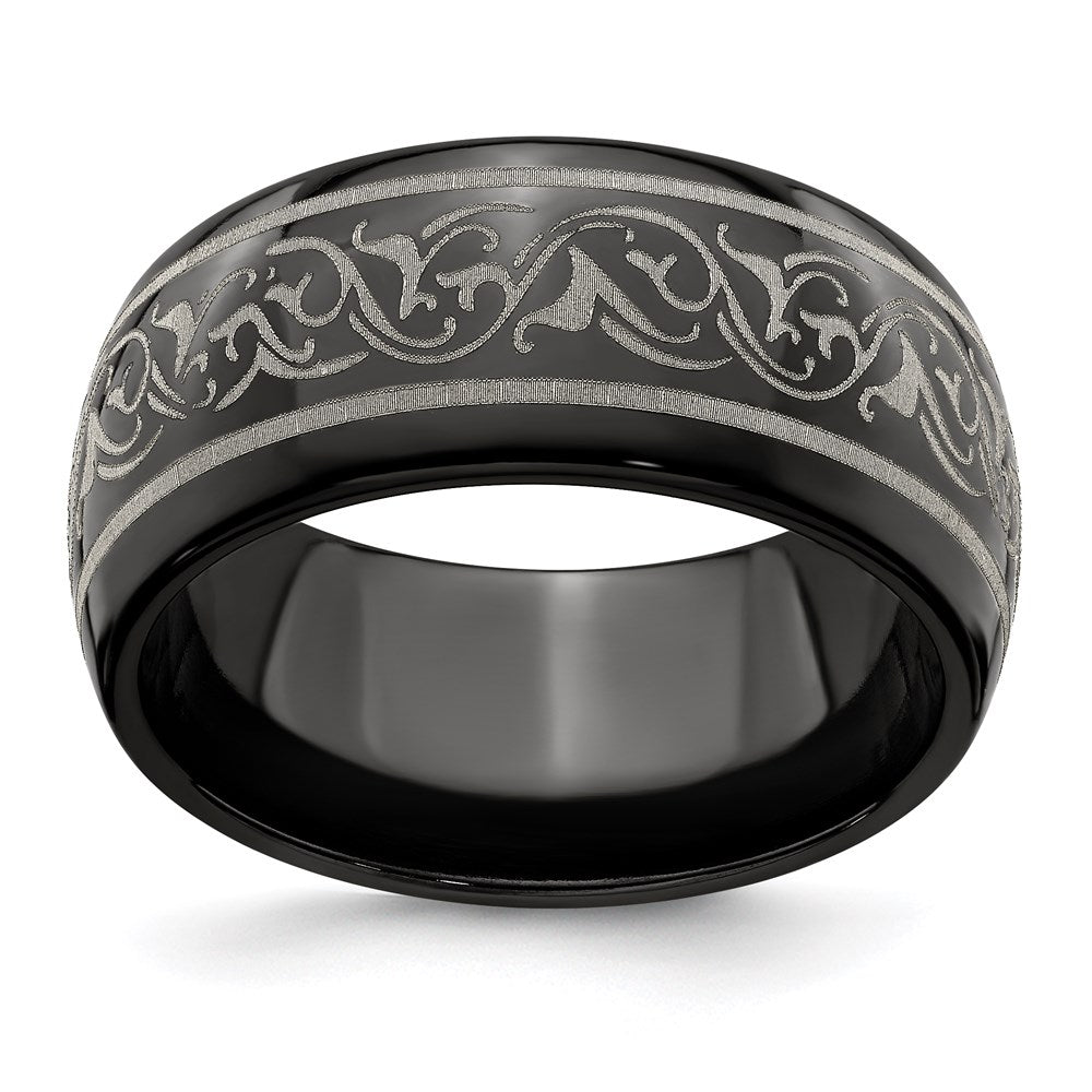 Edward Mirell Titanium Black Ti Domed Laser Patterned 10mm Band, Size 8.5, 10 mm
