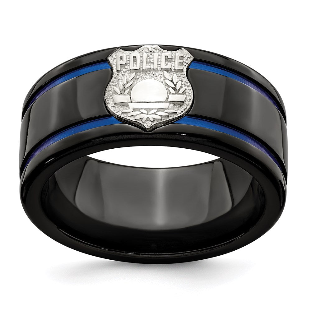 Edward Mirell Black Ti Blue Anodized w/ SS Police Shield Tag 10mm Band, Size 8, 10 mm