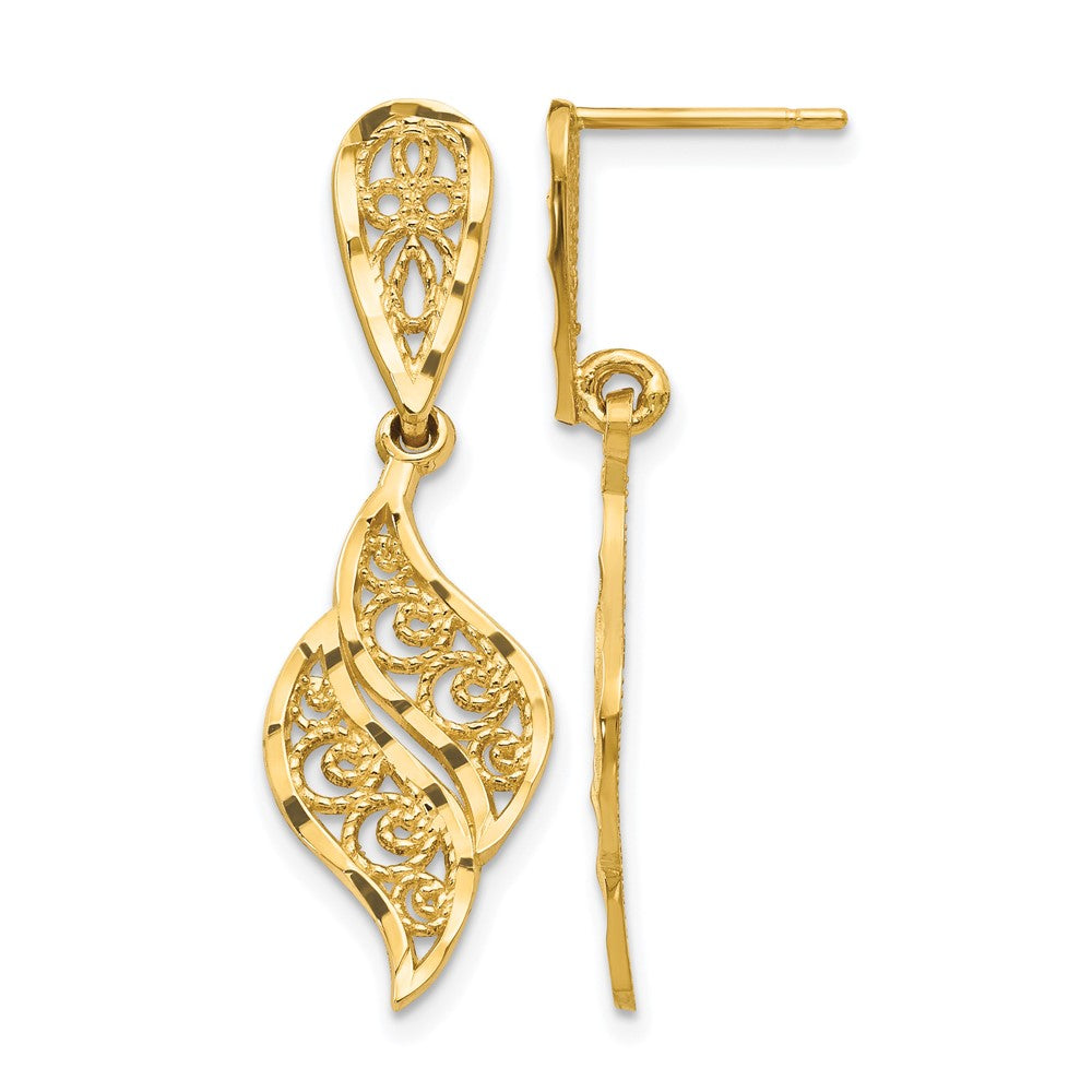 14k Polished Diamond-Cut Filigree Swirl Dangle Post Earrings, 32 x 10 mm