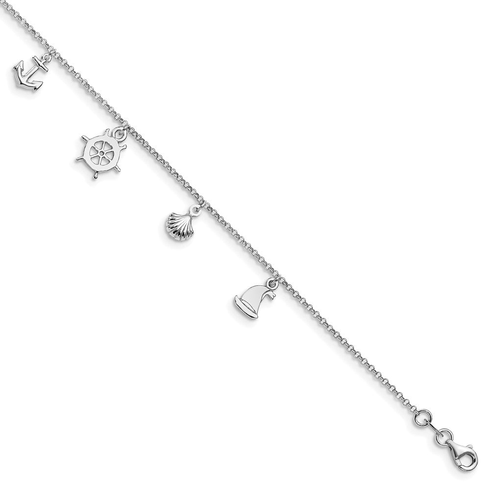 Sterling Silver Rhodium-plated Nautical Charms 9 inch Plus 1 inch Extender - Total 10 inch Anklet, 9 x 1 mm