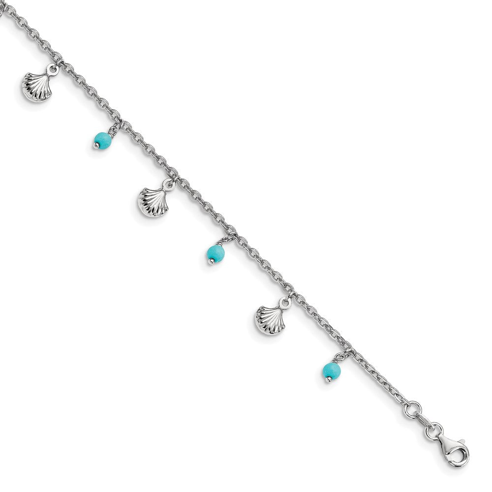 Sterling Silver Rhodium-plated Turquoise and Shell Charms 9 inch Plus 1 inch Extender - Total 10 inch Anklet, 9 x 2 mm