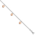 Sterling Silver Rose-tone 18K Flash-plated Hearts 9 inch Plus 1 inch Extender - Total 10 inch Anklet, 9 x 1 mm