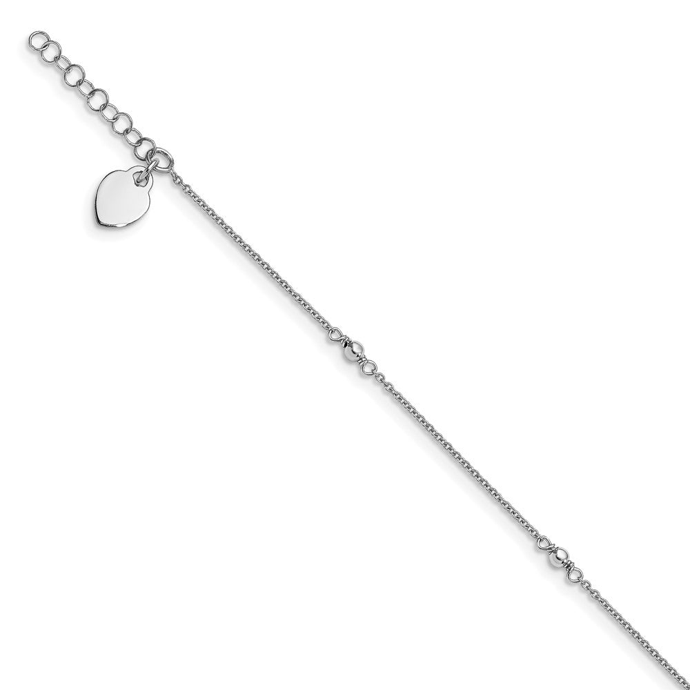 Sterling Silver Rhodium-plated Heart Dangle 9 inch Plus 1 inch Extender - Total 10 inch Anklet, 9 x 1 mm, 2.03 g