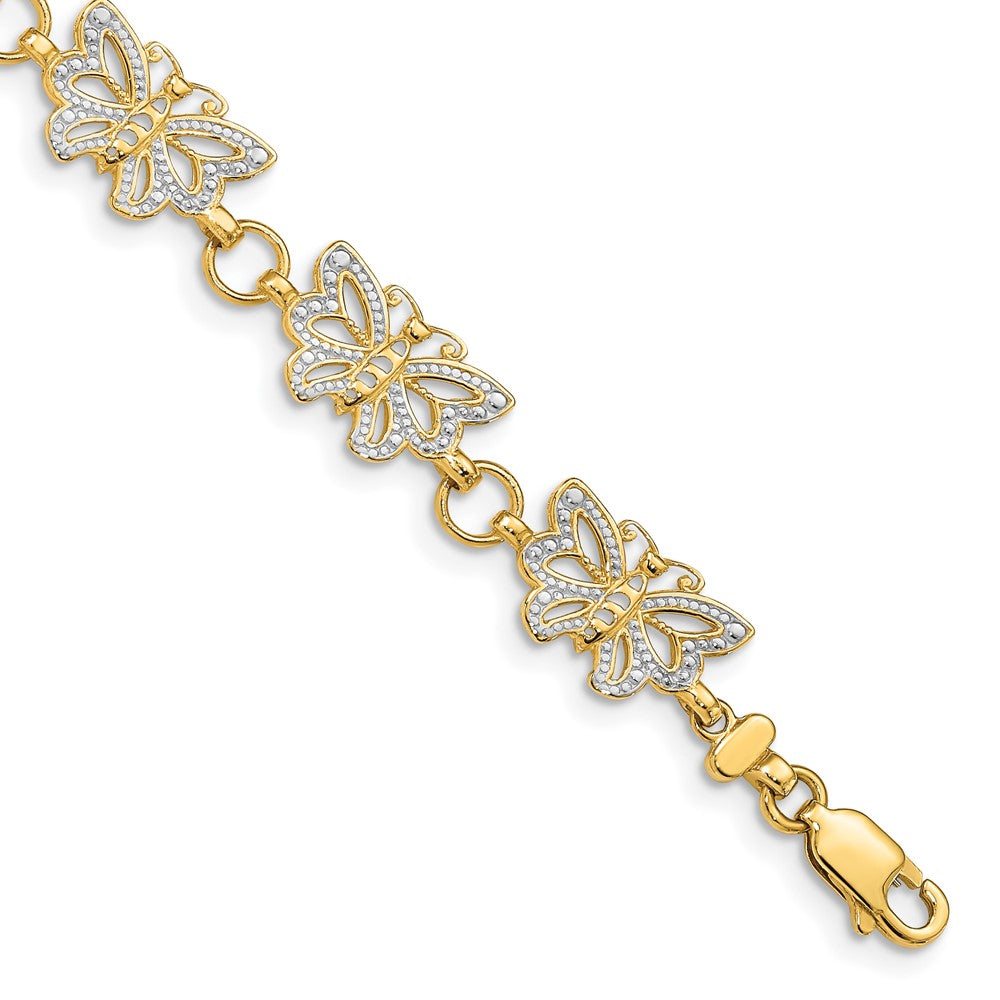 14k with White Rhodium Butterfly 7 inch Bracelet, 7 x 8 mm