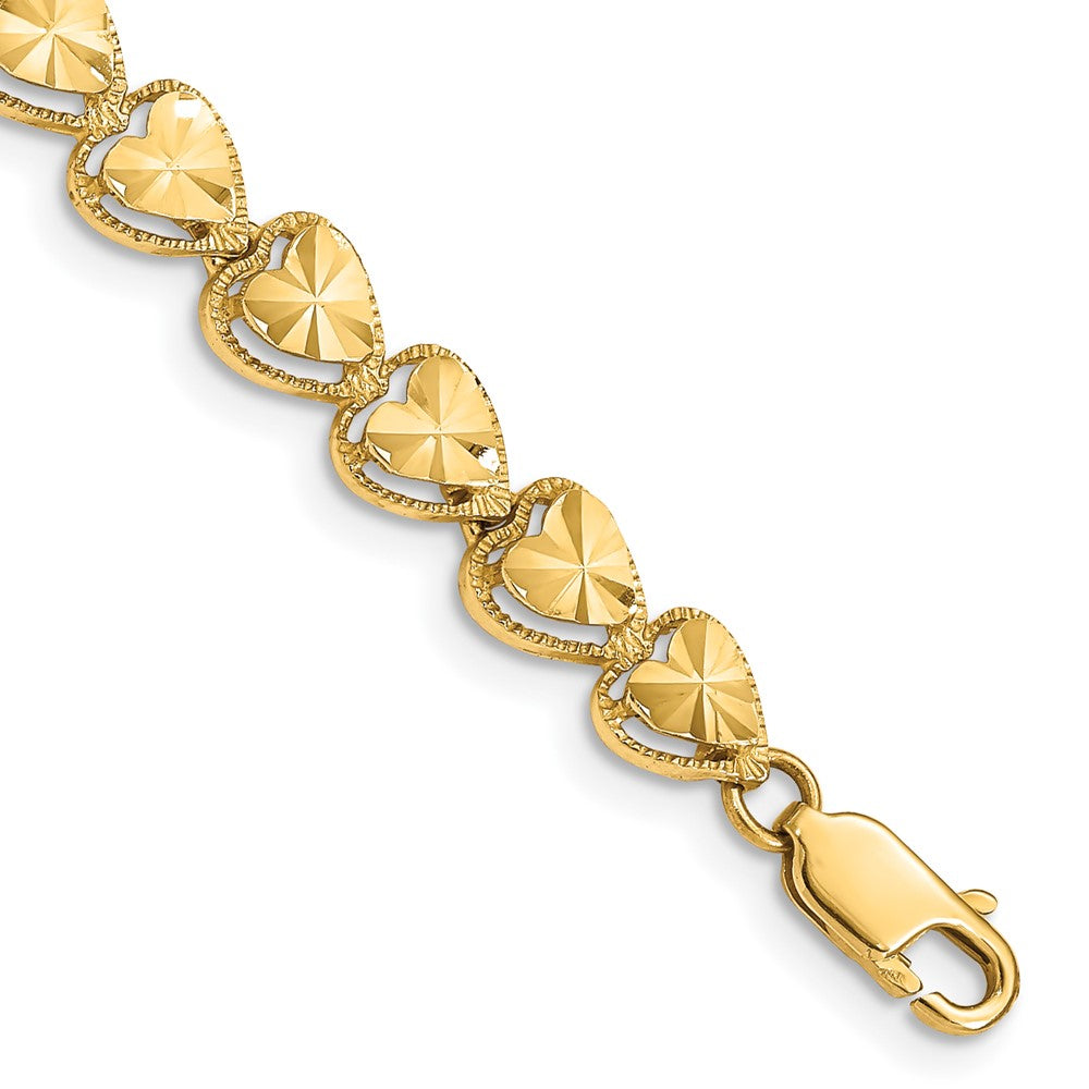 14K Diamond-cut Hearts 7 inch Bracelet, 7 x 7 mm