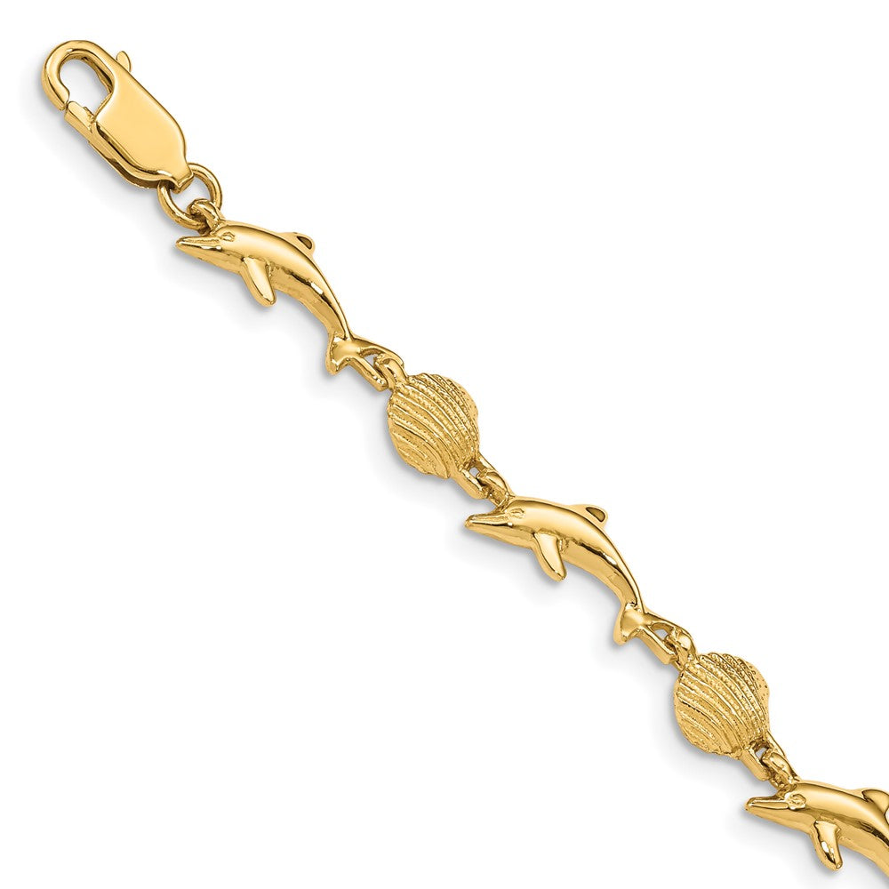 14K Polished Dolphin and Sea Shell 7 inch Bracelet, 7 x 8 mm