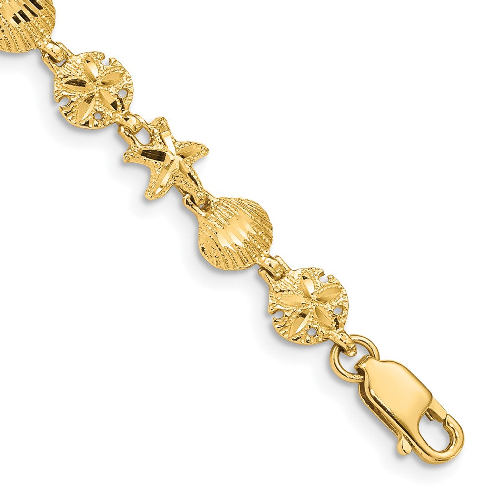 14K Diamond-cut Starfish/Sand Dollar/Shell 7 inch Bracelet, 7 x 7 mm