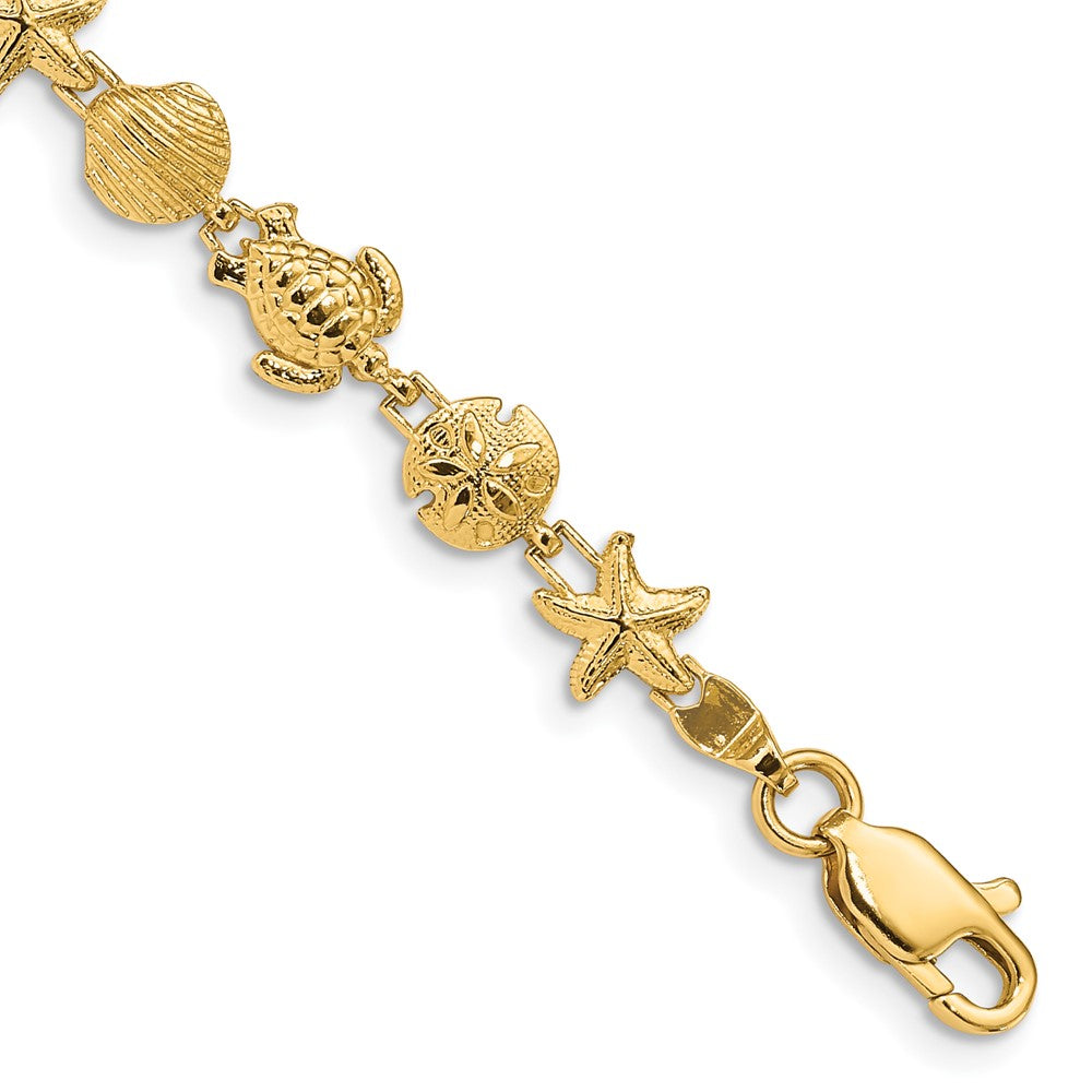 14k Polished and Textured Sea Life 7 inch Bracelet, 7 x 7 mm