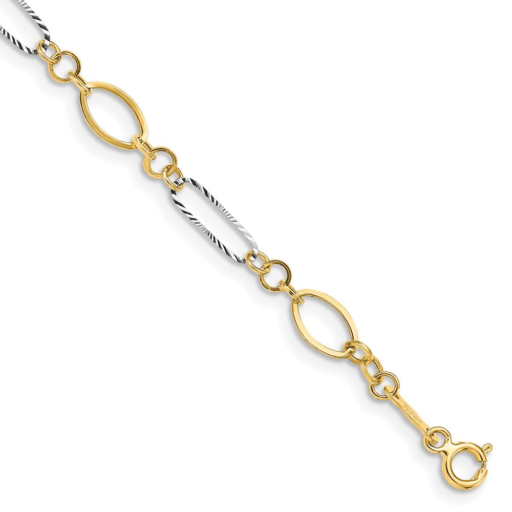 14k Two-tone Polished and Textured Oval Link 7.25 inch Bracelet, 7.25 x 5 mm