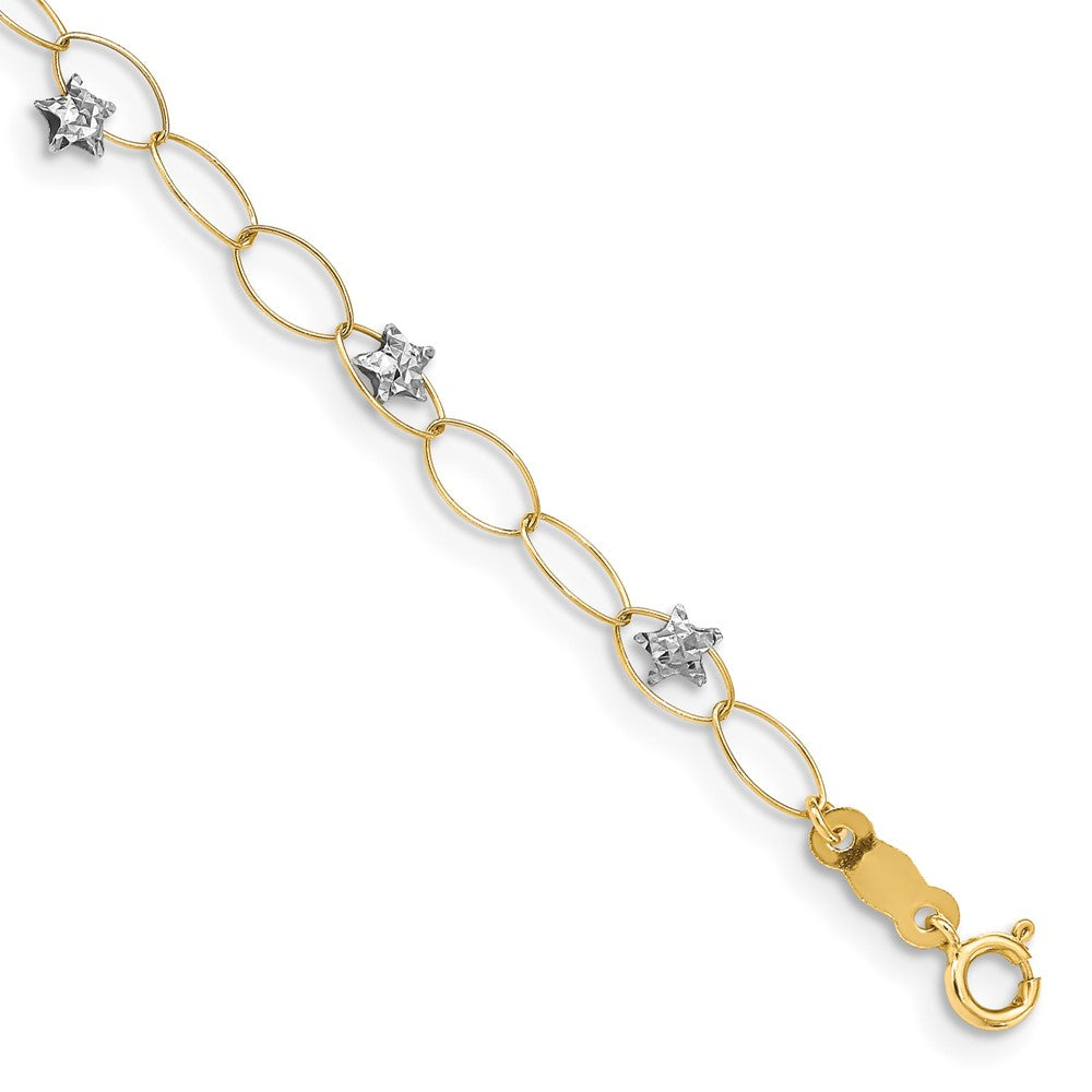 14k Two-tone Diamond-cut Puffed Stars and Oval Link 7.25 inch Bracelet, 7.25 x 6 mm