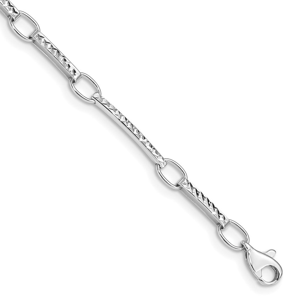 14k White Gold Polished and Textured Oval and Bar Link 7.25 inch Bracelet, 7.25 x 4 mm