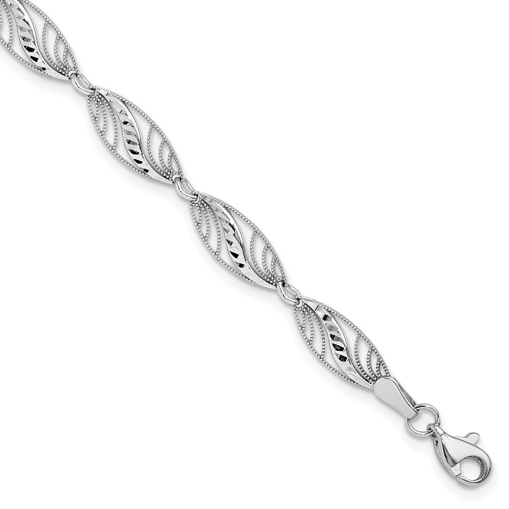 14k White Gold Oval Filigree Diamond-cut 7.25 inch Bracelet, 7.25 x 6 mm