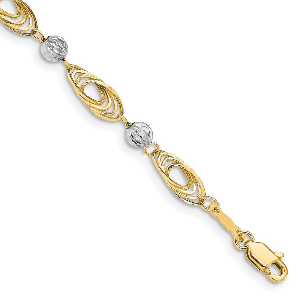 14K Two-tone Oval Links with Diamond-cut Beads 7.25 inch Bracelet, 7.25 x 5 mm