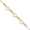 14K Two-tone Hearts and Diamond-cut Beads 7.5 inch Bracelet, 7.5 x 6 mm