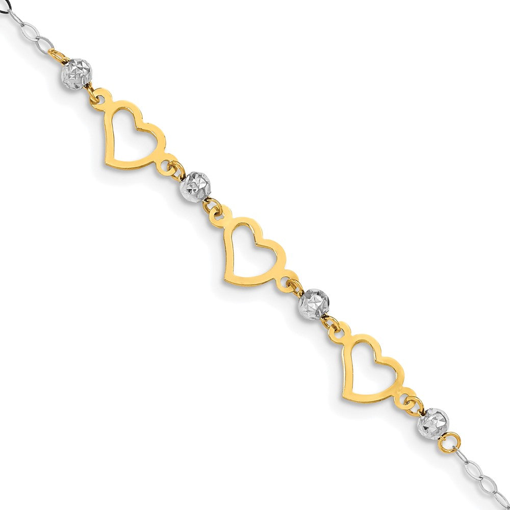 14K Two-tone Hearts and Diamond-cut Beads 7.5 inch Bracelet, 7.5 x 6 mm