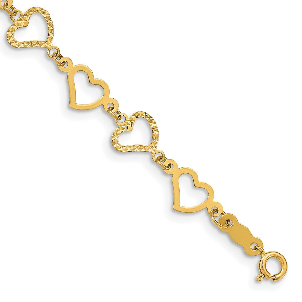 14K Flat Diamond -cut and Polished Open Hearts 7.25 inch Bracelet, 7.25 x 8 mm