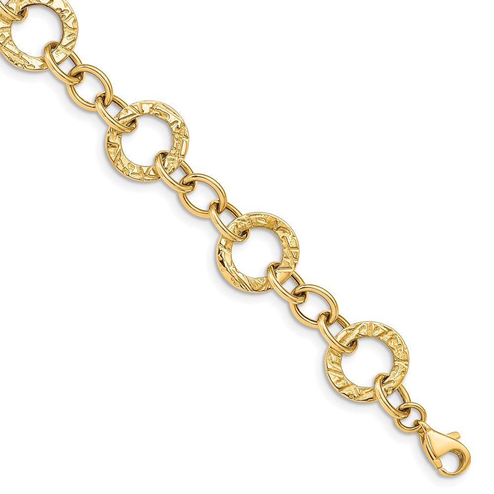 14k Polished and Textured 12mm Fancy Circle Link 7.25 inch Bracelet, 7.25 x 12 mm