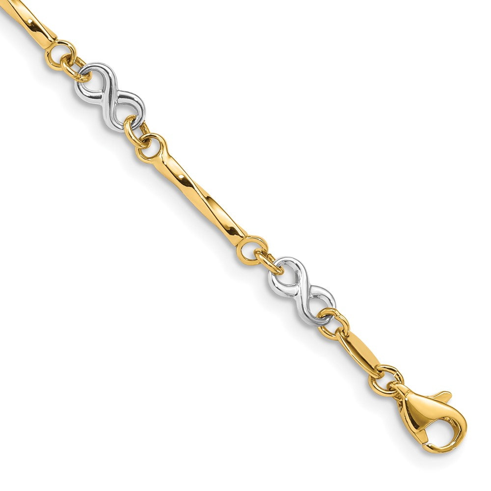 14K Two-tone Infinity Symbol and Twisted Fancy Bar Link 7.5 inch Bracelet, 7.5 x 5 mm
