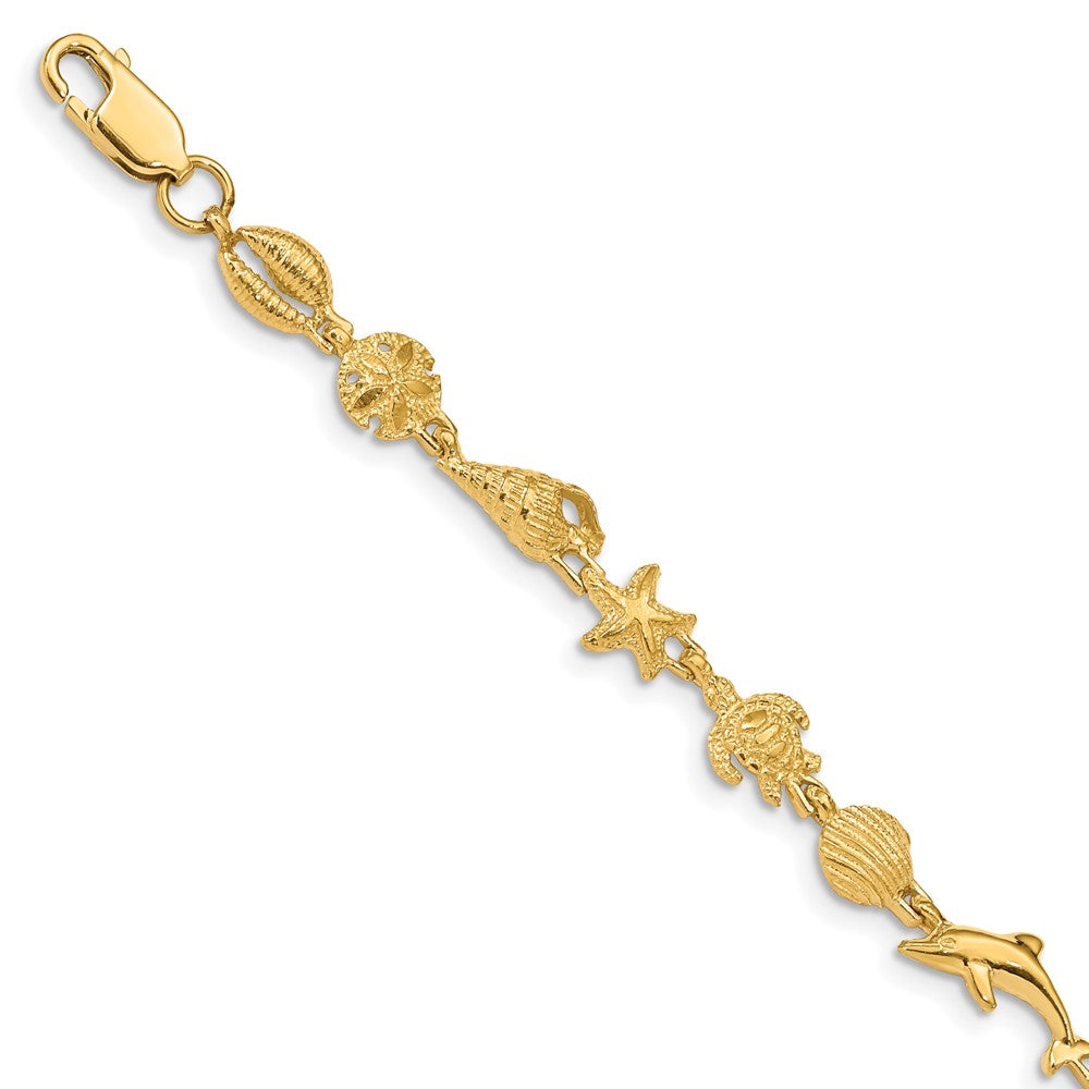 14K Polished and Textured Sea Life 7.25 inch Bracelet, 7.25 x 7 mm