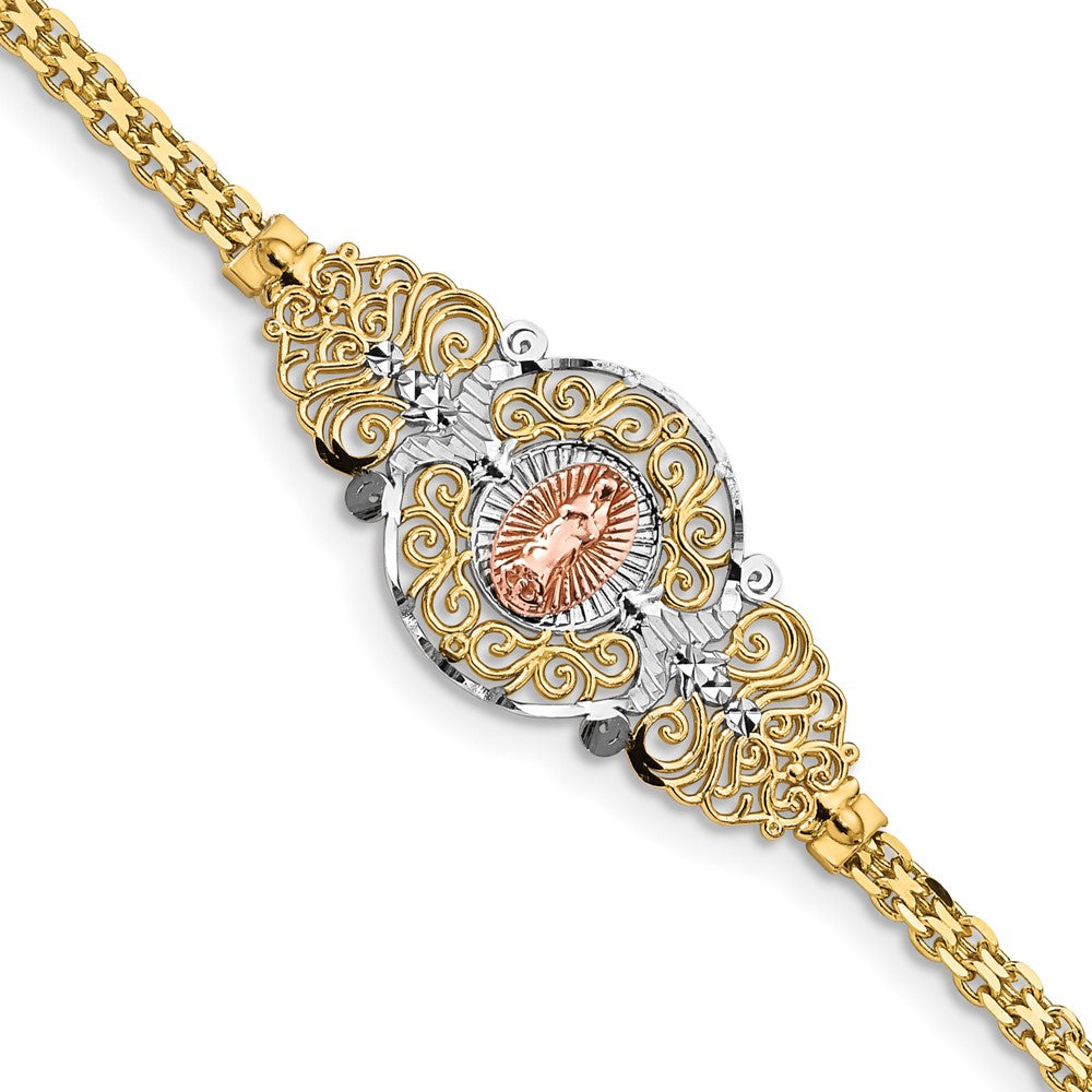 14k Two-tone with White Rhodium Our Lady of Guadalupe and Bismark Chain 7 inch Bracelet, 7 x 3 mm