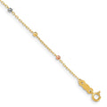 14K Tri-color Diamond-cut Beaded 7 inch Bracelet Plus 1 inch Cross Extender, 7 x 3 mm