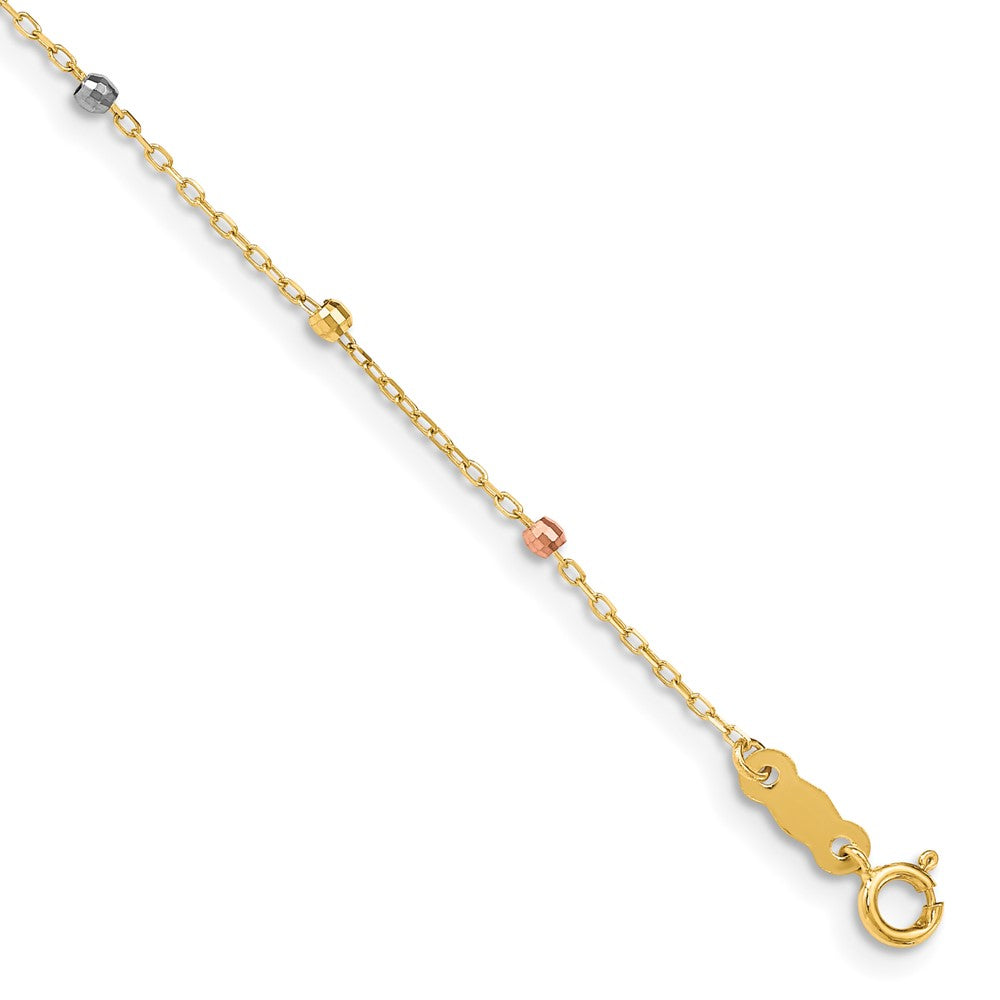 14K Tri-color Diamond-cut Beaded 7 inch Bracelet Plus 1 inch Cross Extender, 7 x 3 mm