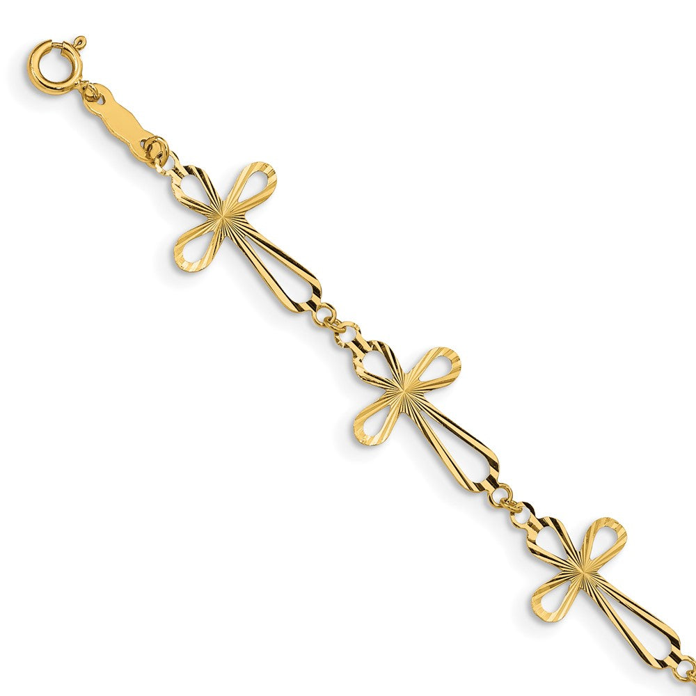 14K Diamond-cut Open Cross 7.5 inch Bracelet, 7.5 x 11 mm